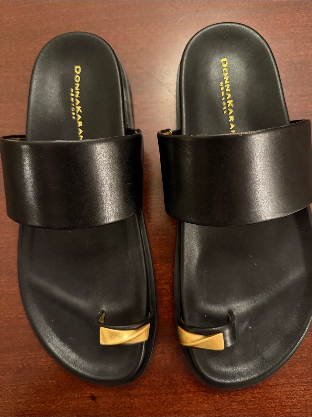 Donna Karan Black Leather Slide Sandals with Gold Accent